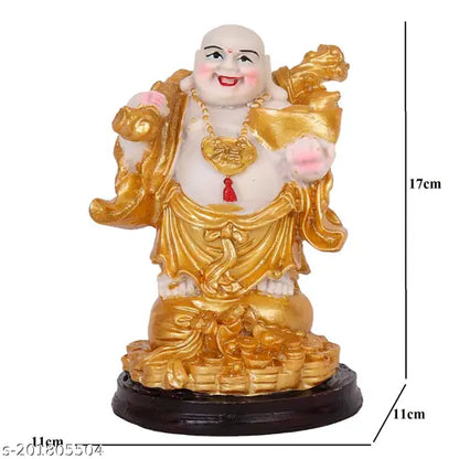 Lucky Champe laughing BuddhaResin Fengshui Figurine Laughing Buddha Sitanding on Luck Money Coins Carrying Golden Ingot for Good Luck & Happiness (5 Inches,Gold, 1 Piece) - Home Deocration Gifting (Made in India)