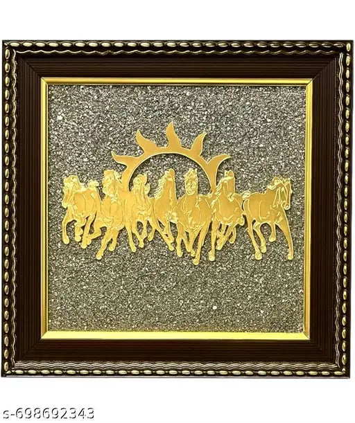 Seven Horses on Raw Pyrite Frame with Sun | Original Pyrite Stone Wall Art | Wealth Decor for Money, Success & Protection | Size 7 x 7 Inch