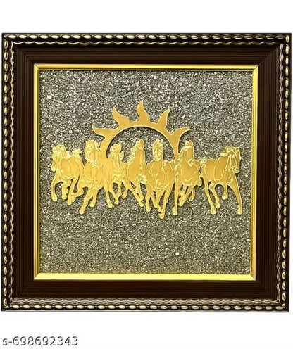 Seven Horses on Raw Pyrite Frame with Sun | Original Pyrite Stone Wall Art | Wealth Decor for Money, Success & Protection | Size 7 x 7 Inch
