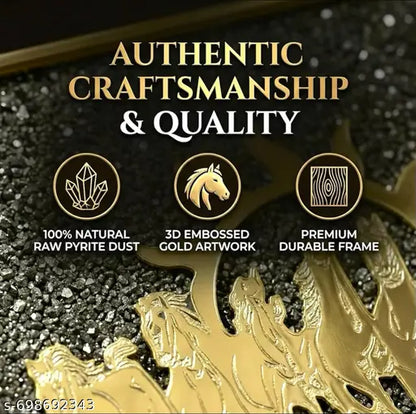 Seven Horses on Raw Pyrite Frame with Sun | Original Pyrite Stone Wall Art | Wealth Decor for Money, Success & Protection | Size 7 x 7 Inch