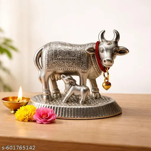 Silver Plated Cow & Calf Idol | Kamdhenu Cow with Calf for Pooja & Home Decor