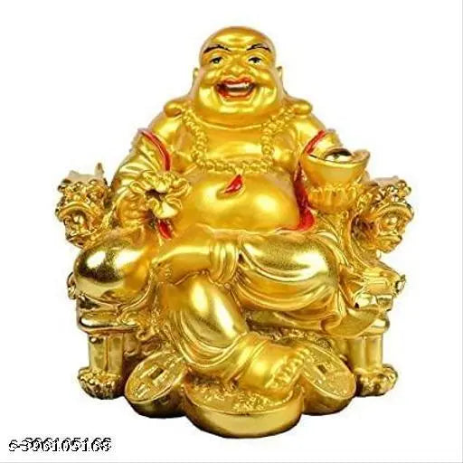 HC VILLA Feng Shui Laughing Buddha Happy Man for Happiness and Money Wealth Sitting on Chair, Golden(Motelala Statue)