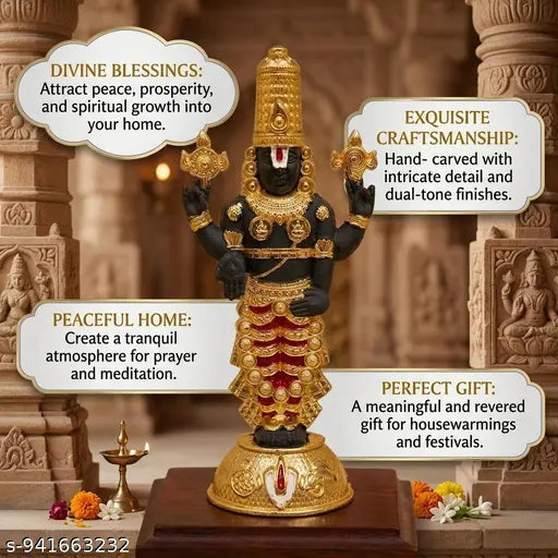 SP Handicrafts Lord Tirupati Balaji Idol for Home Decor - Gold Plated Venkateswara Swamy Statue (6 Inch)