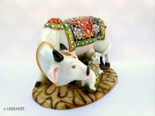 Jiyansh Creation Handicraft Decorative Marble dust/Polyresin Cow and Calf (5x3 Inch)