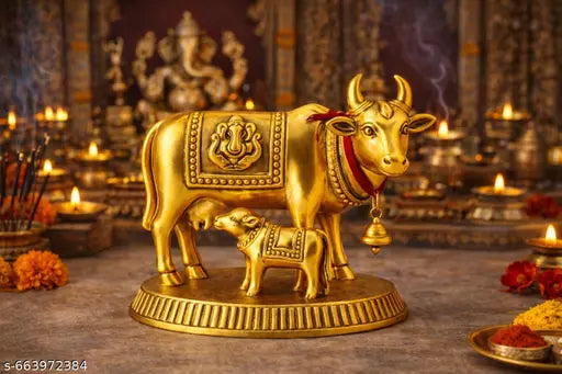 Golden Kamdhenu Cow with Calf Idol | Gau Mata Murti with Ganesha Design | Vastu & Pooja Idol for Home, Office & Gift.