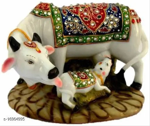 Jiyansh Creation Handicraft Decorative Marble dust/Polyresin Cow and Calf (5x3 Inch)