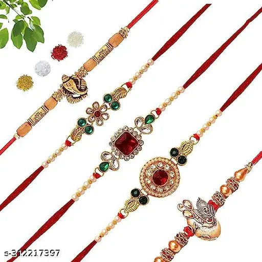 Rakhi, Chawal Roli Pack Set (5 Designer Rakhi Combo, 2 Roli Tika Pack)