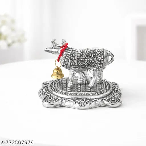 Silver Finish Kamdhenu Cow & Calf Idol | Metal Cow Statue for Home Decor & Pooja Room | Religious Gift Item