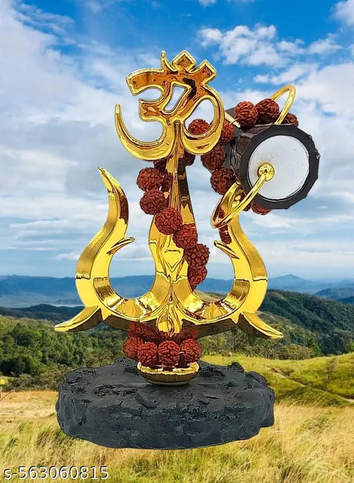 Gold-Plated Om Trishul with Damroo and Rudraksha Mala – Small Hindu Religious Showpiece for Car Dashboard, Home Temple, Pooja Room & Spiritual Decor – Divine God Idol for Positive Energy & Protection
