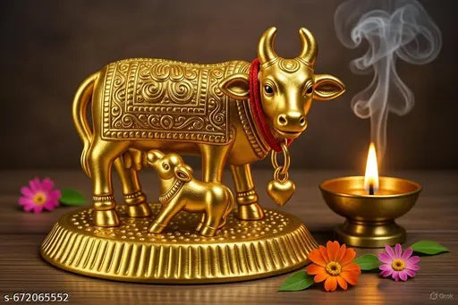 Golden Kamdhenu Cow & Calf Idol for Home Temple | Pooja Decor Showpiece