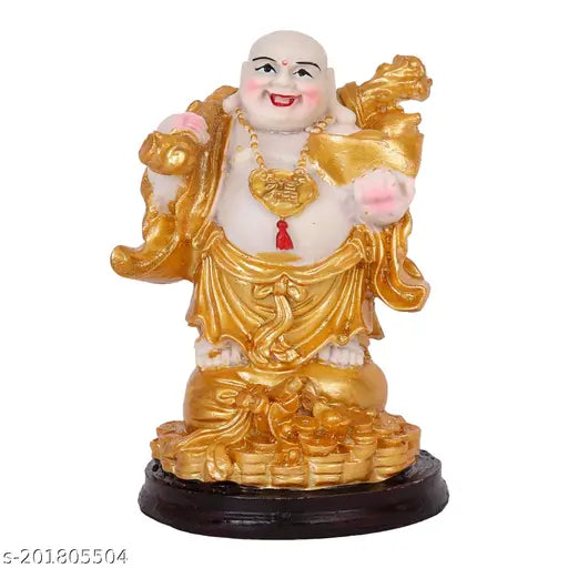 Lucky Champe laughing BuddhaResin Fengshui Figurine Laughing Buddha Sitanding on Luck Money Coins Carrying Golden Ingot for Good Luck & Happiness (5 Inches,Gold, 1 Piece) - Home Deocration Gifting (Made in India)