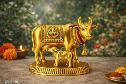 Golden Kamdhenu Cow with Calf Idol | Gau Mata Murti with Ganesha Design | Vastu & Pooja Idol for Home, Office & Gift.