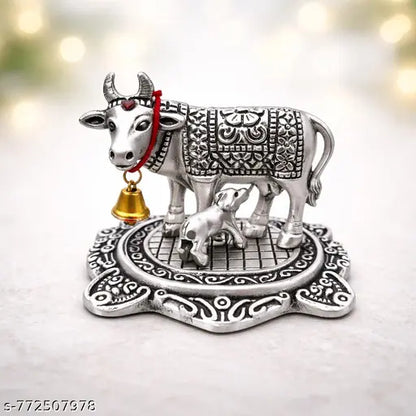 Silver Finish Kamdhenu Cow & Calf Idol | Metal Cow Statue for Home Decor & Pooja Room | Religious Gift Item