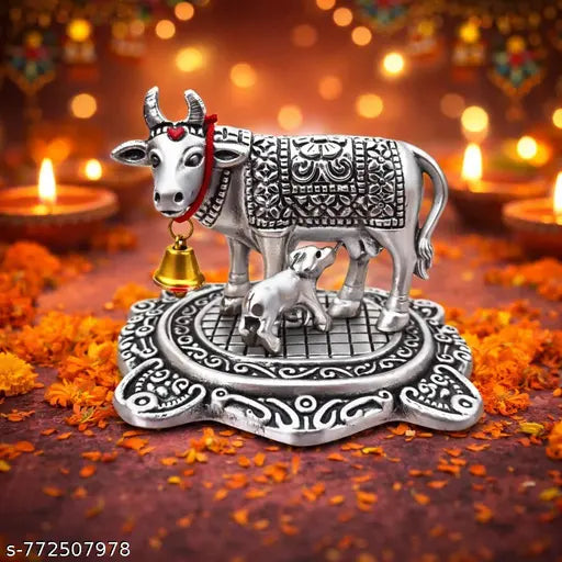 Silver Finish Kamdhenu Cow & Calf Idol | Metal Cow Statue for Home Decor & Pooja Room | Religious Gift Item