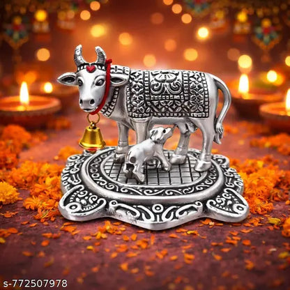 Silver Finish Kamdhenu Cow & Calf Idol | Metal Cow Statue for Home Decor & Pooja Room | Religious Gift Item