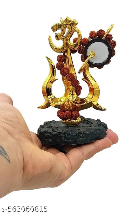 Gold-Plated Om Trishul with Damroo and Rudraksha Mala – Small Hindu Religious Showpiece for Car Dashboard, Home Temple, Pooja Room & Spiritual Decor – Divine God Idol for Positive Energy & Protection