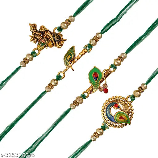 H'Decor Multicolor Set of 4 Radha Krishna Playing Flute, Peacock, Krishna Flute, Peacock Feather Designer Religious Rakhis with Roli Chawal Pack