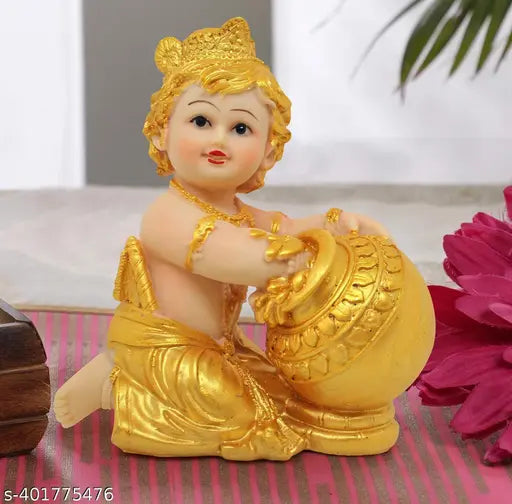 HC VILLA Krishna Idol Statue Figurine Showpiece Decorative Items for Home Decoration Pooja Room Living Room Bedroom Office Gifting (Gold)