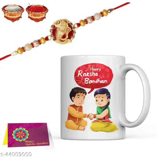 Designer Mug, Rakhi, Greeting Card, Chawal Roli Pack Set (1 Printed Mug, 1 Rakhi, 1 Greeting Card, 1 Roli Chawal Pack)