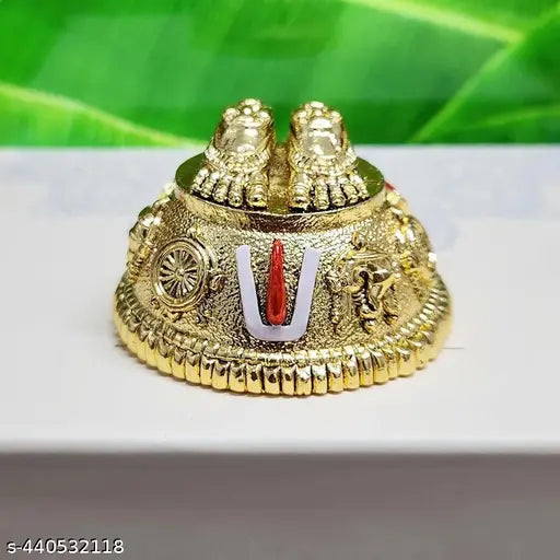 Lord Balaji Charan paduka for Pooja Room & Car Dashboard Antique Gold Finish Venkateswara Feet with Shanku & Chakra Namam | Divine Blessings from Tirupati | 5 cm Polyresin Sculpture