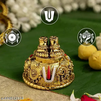 Lord Balaji Charan paduka for Pooja Room & Car Dashboard Antique Gold Finish Venkateswara Feet with Shanku & Chakra Namam | Divine Blessings from Tirupati | 5 cm Polyresin Sculpture