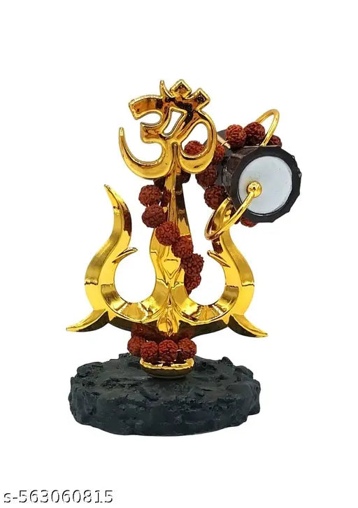Gold-Plated Om Trishul with Damroo and Rudraksha Mala – Small Hindu Religious Showpiece for Car Dashboard, Home Temple, Pooja Room & Spiritual Decor – Divine God Idol for Positive Energy & Protection