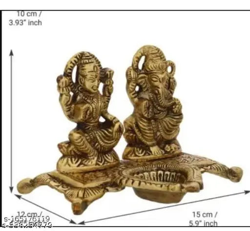 Lakshmi Ganesha with Diya Statue Idol Murti in Metal Decorative Showpiece - 15 cm (Metal, Gold)