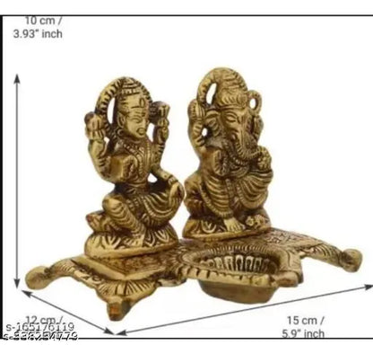 Lakshmi Ganesha with Diya Statue Idol Murti in Metal Decorative Showpiece - 15 cm (Metal, Gold)