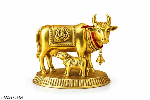 Golden Kamdhenu Cow with Calf Idol | Gau Mata Murti with Ganesha Design | Vastu & Pooja Idol for Home, Office & Gift.