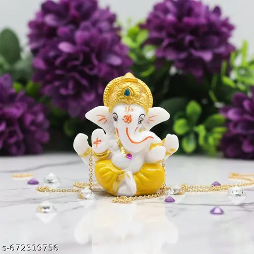 Cute Lord Ganesha Idol for Home Decor & Gift | White & Yellow Polyresin Ganpati Murti