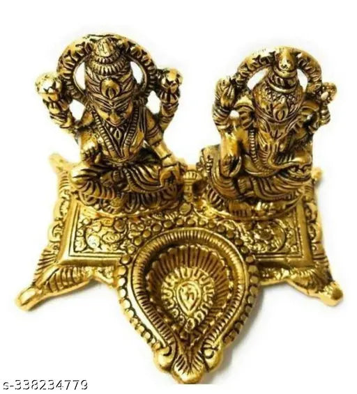 Lakshmi Ganesha with Diya Statue Idol Murti in Metal Decorative Showpiece - 15 cm (Metal, Gold)