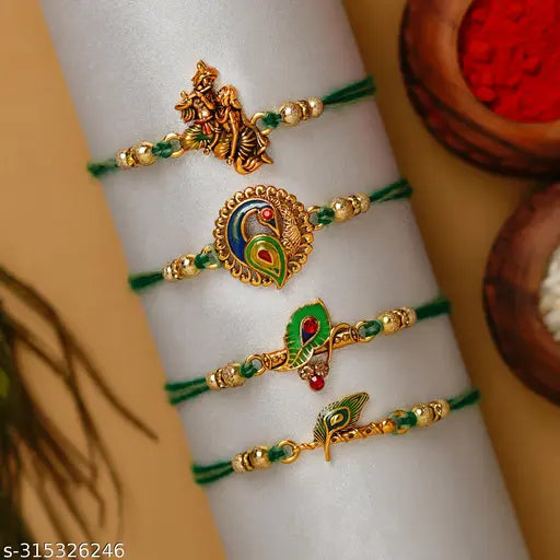 H'Decor Multicolor Set of 4 Radha Krishna Playing Flute, Peacock, Krishna Flute, Peacock Feather Designer Religious Rakhis with Roli Chawal Pack