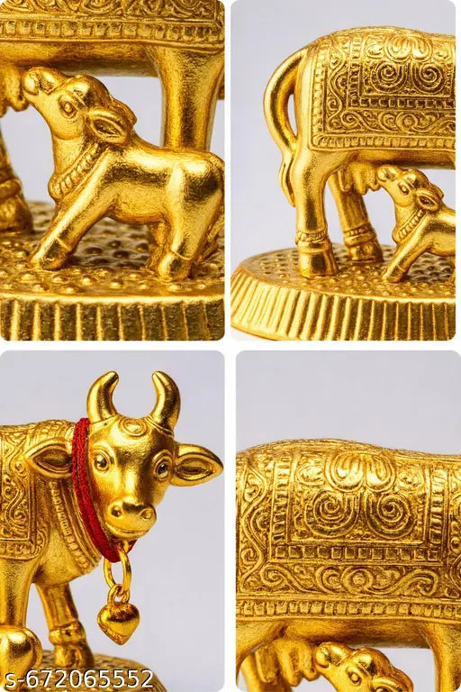 Golden Kamdhenu Cow & Calf Idol for Home Temple | Pooja Decor Showpiece