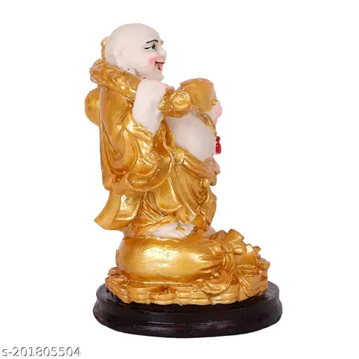 Lucky Champe laughing BuddhaResin Fengshui Figurine Laughing Buddha Sitanding on Luck Money Coins Carrying Golden Ingot for Good Luck & Happiness (5 Inches,Gold, 1 Piece) - Home Deocration Gifting (Made in India)