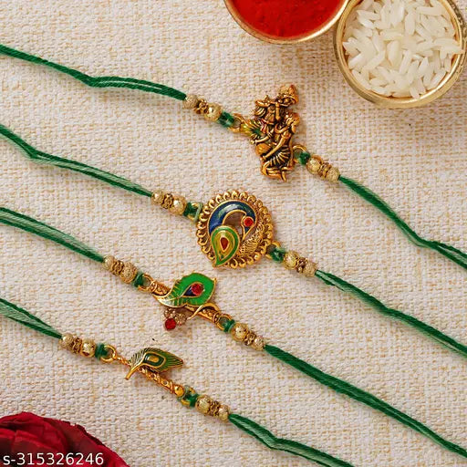 H'Decor Multicolor Set of 4 Radha Krishna Playing Flute, Peacock, Krishna Flute, Peacock Feather Designer Religious Rakhis with Roli Chawal Pack