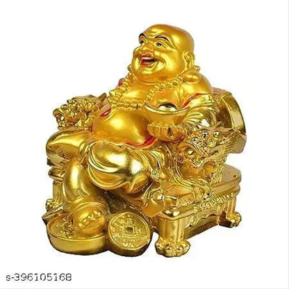 HC VILLA Feng Shui Laughing Buddha Happy Man for Happiness and Money Wealth Sitting on Chair, Golden(Motelala Statue)