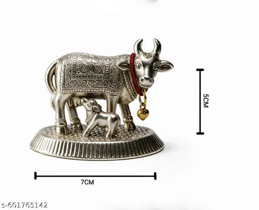Silver Plated Cow & Calf Idol | Kamdhenu Cow with Calf for Pooja & Home Decor
