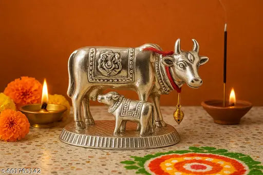 Silver Plated Cow & Calf Idol | Kamdhenu Cow with Calf for Pooja & Home Decor