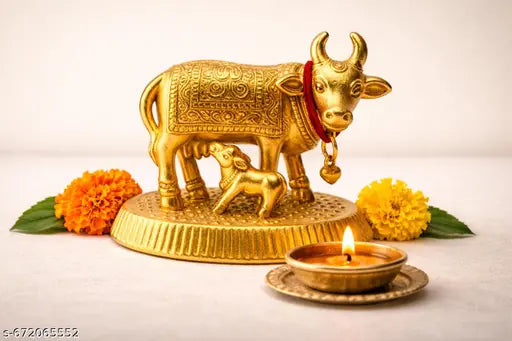 Golden Kamdhenu Cow & Calf Idol for Home Temple | Pooja Decor Showpiece