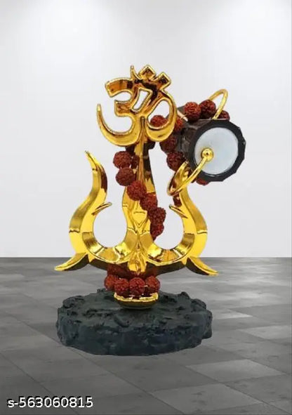 Gold-Plated Om Trishul with Damroo and Rudraksha Mala – Small Hindu Religious Showpiece for Car Dashboard, Home Temple, Pooja Room & Spiritual Decor – Divine God Idol for Positive Energy & Protection