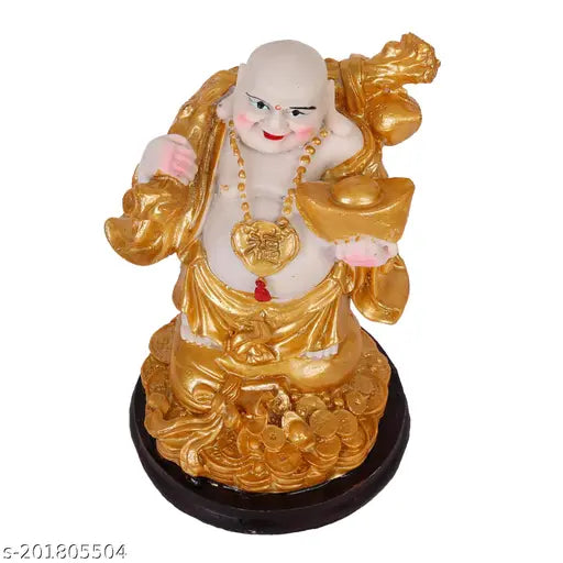 Lucky Champe laughing BuddhaResin Fengshui Figurine Laughing Buddha Sitanding on Luck Money Coins Carrying Golden Ingot for Good Luck & Happiness (5 Inches,Gold, 1 Piece) - Home Deocration Gifting (Made in India)