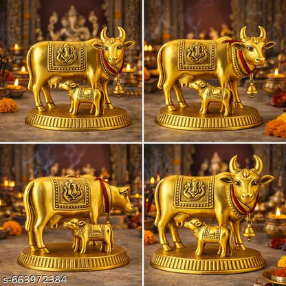 Golden Kamdhenu Cow with Calf Idol | Gau Mata Murti with Ganesha Design | Vastu & Pooja Idol for Home, Office & Gift.