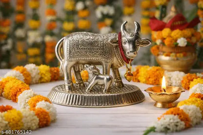 Silver Plated Cow & Calf Idol | Kamdhenu Cow with Calf for Pooja & Home Decor