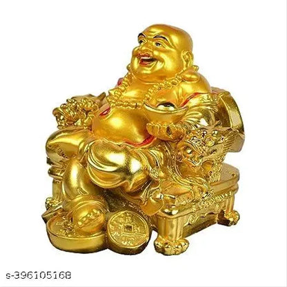 HC VILLA Feng Shui Laughing Buddha Happy Man for Happiness and Money Wealth Sitting on Chair, Golden(Motelala Statue)