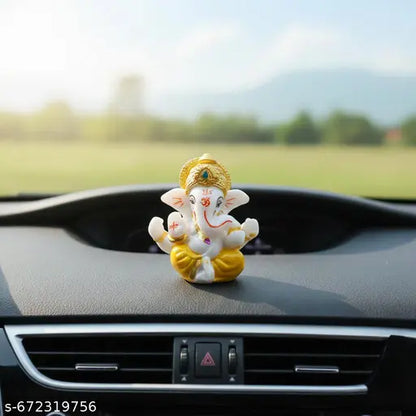Cute Lord Ganesha Idol for Home Decor & Gift | White & Yellow Polyresin Ganpati Murti