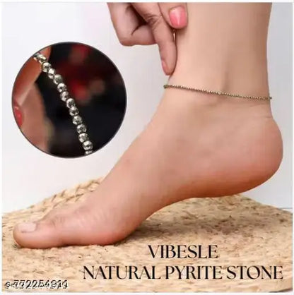 CALMING CRYSTALS Pyrite Anklet 2mm for Women & Girls | Money Attraction Crystal Anklet | Wealth Prosperity Luck Anklet | Golden Pyrite Beads Payal | Healing Stone Anklet | Adjustable Fashion Anklet Bracelet Pack of 1