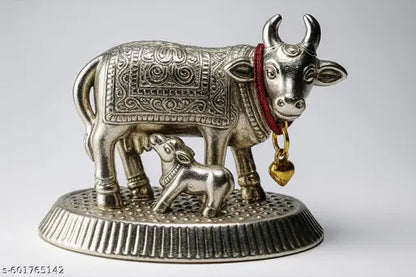 Silver Plated Cow & Calf Idol | Kamdhenu Cow with Calf for Pooja & Home Decor