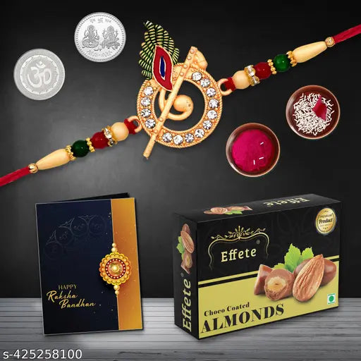 Effete Krishna Flute Rakhi Set Of 1 & Chocolate Choco Almond 32Gm With Pooja Coin, Roli Chawal & Greeting Card