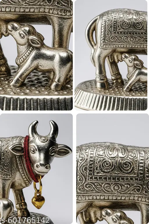 Silver Plated Cow & Calf Idol | Kamdhenu Cow with Calf for Pooja & Home Decor
