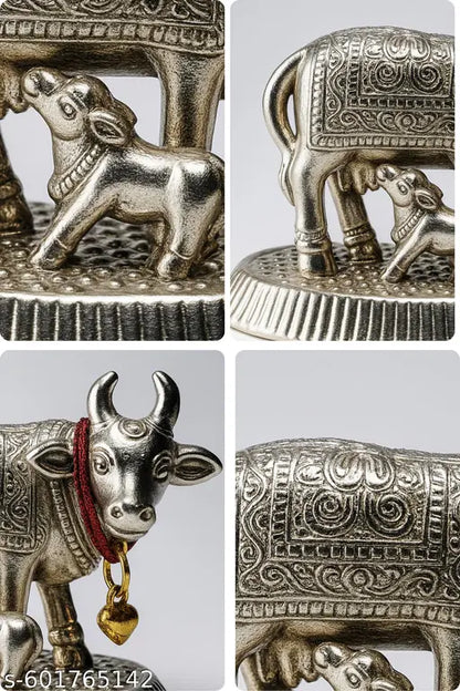 Silver Plated Cow & Calf Idol | Kamdhenu Cow with Calf for Pooja & Home Decor